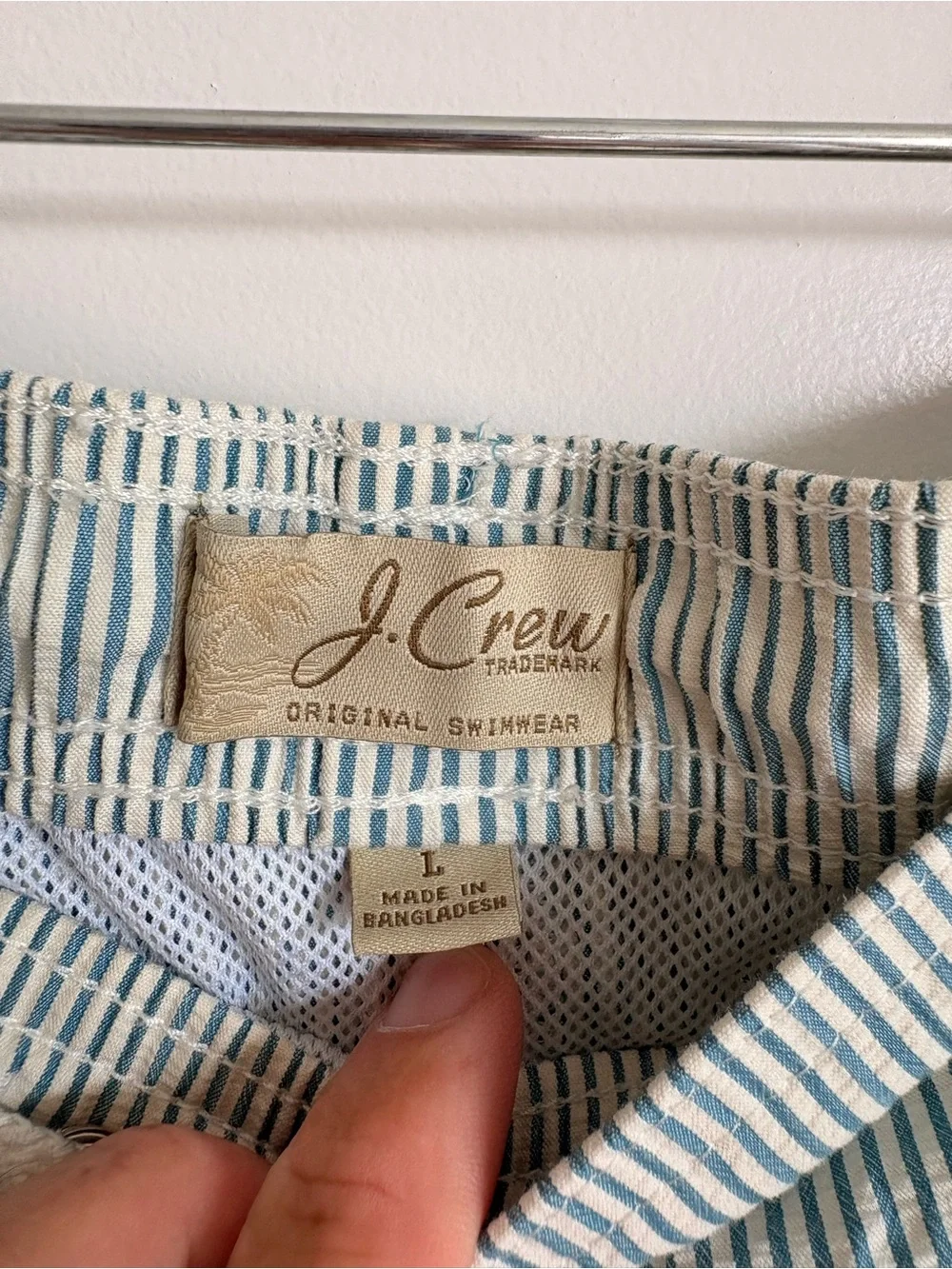 J. Crew Men's Striped Seersucker Drawstring swim trunks - Light Blue & White